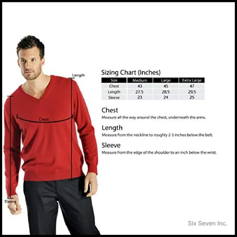 Men's Classic V-Neck Pullover Sweater 100% Pure Cashmere Long Sleeve Elegant